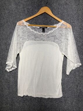 Victoria's Secret White Lace Yoke 3/4 Sleeve Top